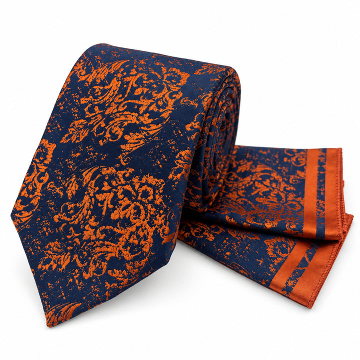 Navy Orange Floral Tie and Pocket Square