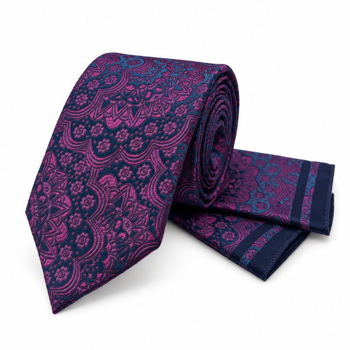 Navy Purple Floral Tie and Pocket Square