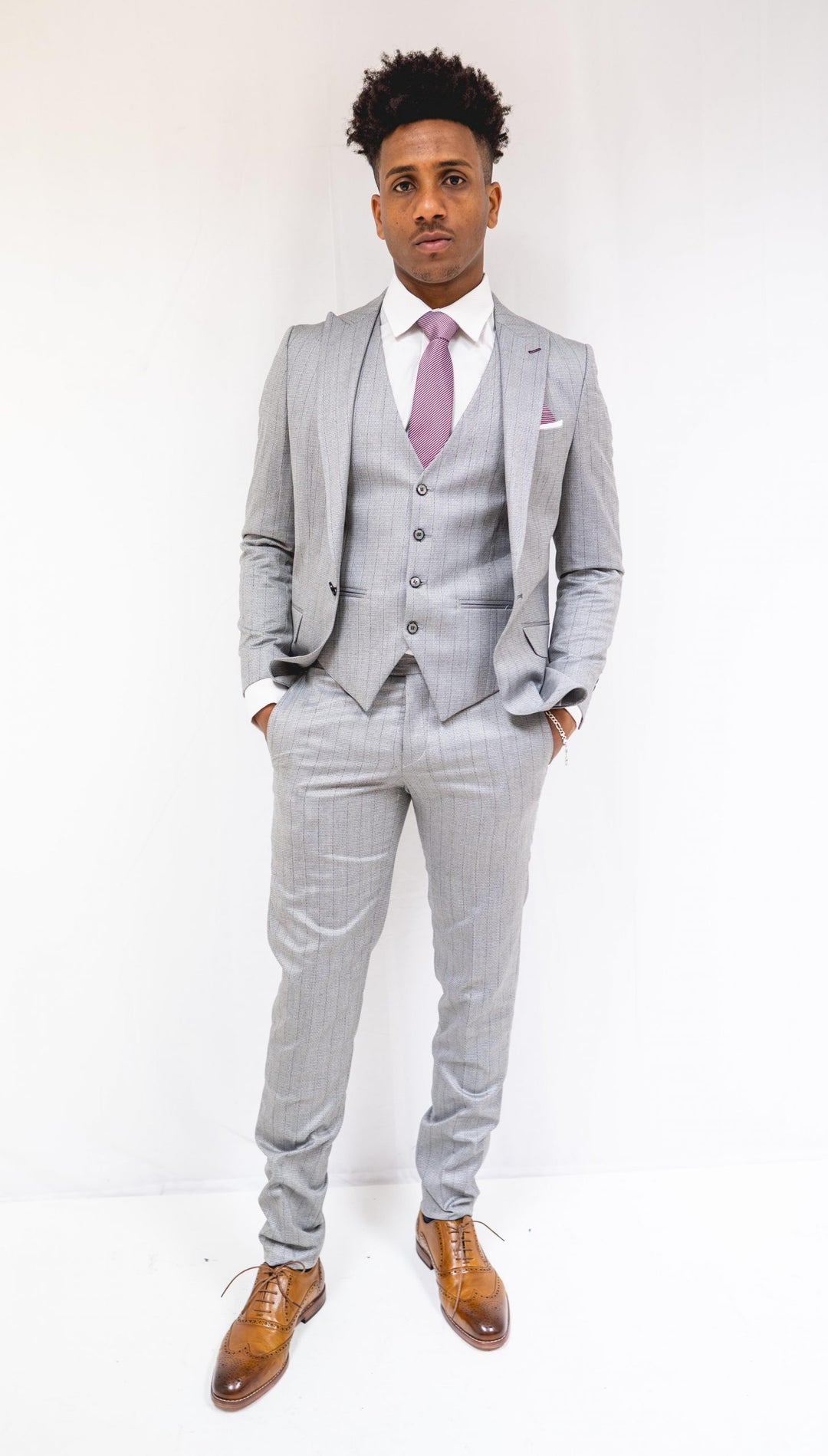 Light Grey Pinstripe Three Piece Suit with Single Breasted Waistcoat image 0
