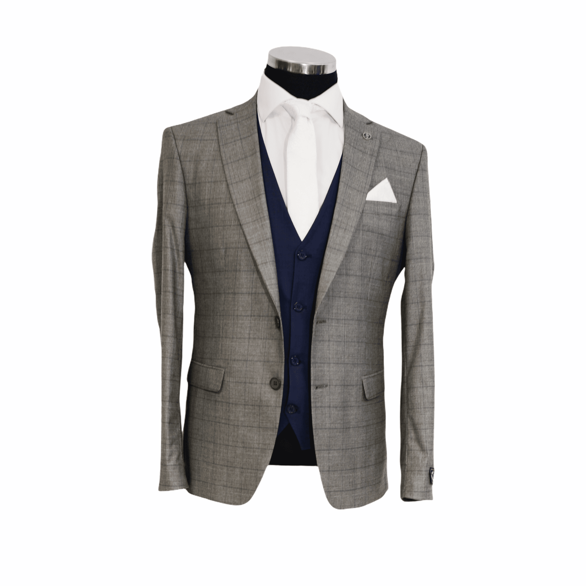 Light Grey Subtle Check Three Piece Suit With Contrasting Navy Waistcoat