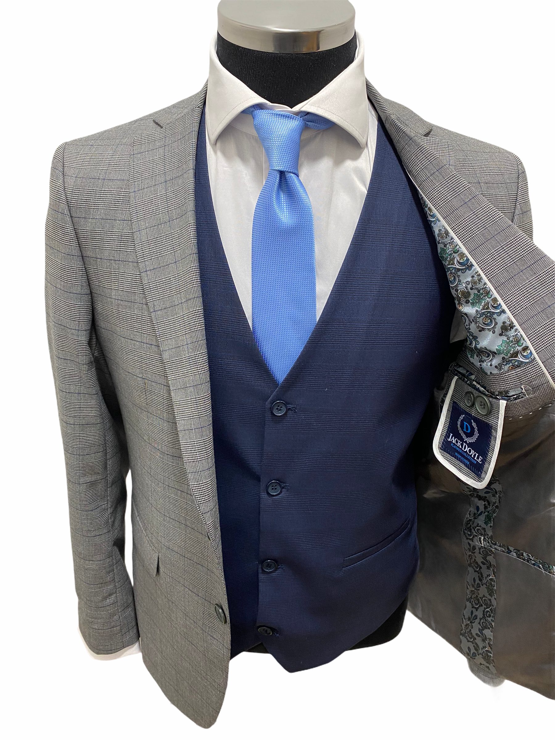 Jack Doyle Light Grey Subtle Check Three Piece Suit With Contrasting Navy Waistcoat