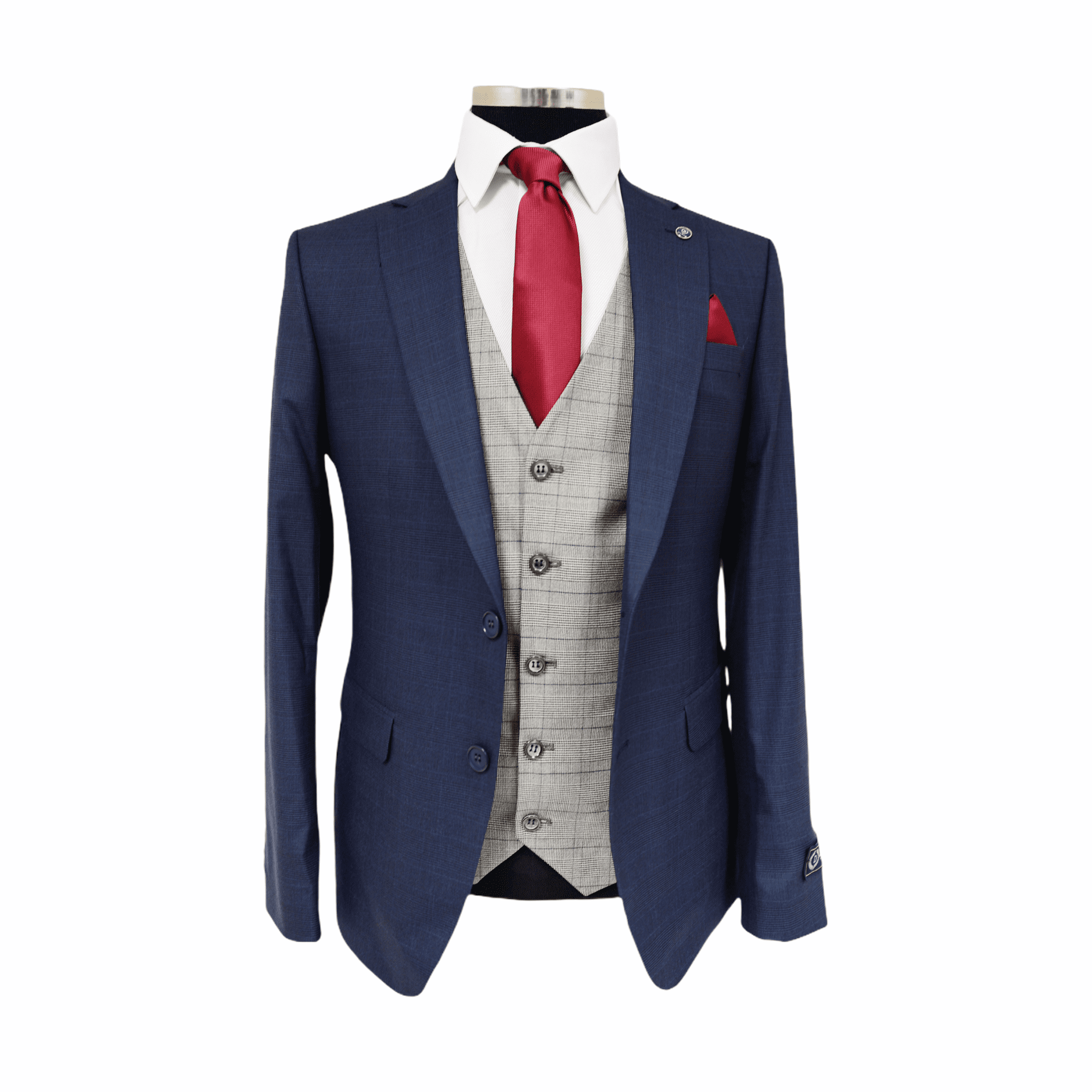Navy Subtle Check Three Piece Suit With Contrasting Waistcoat