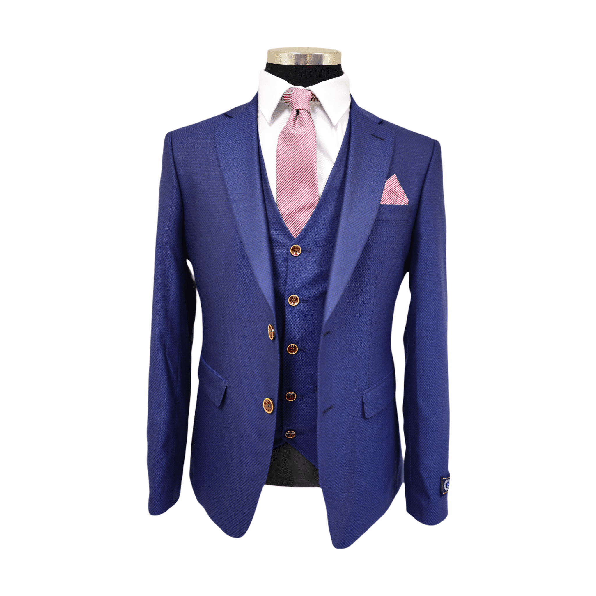 Royal Three Piece Print Suit With Brown Buttons