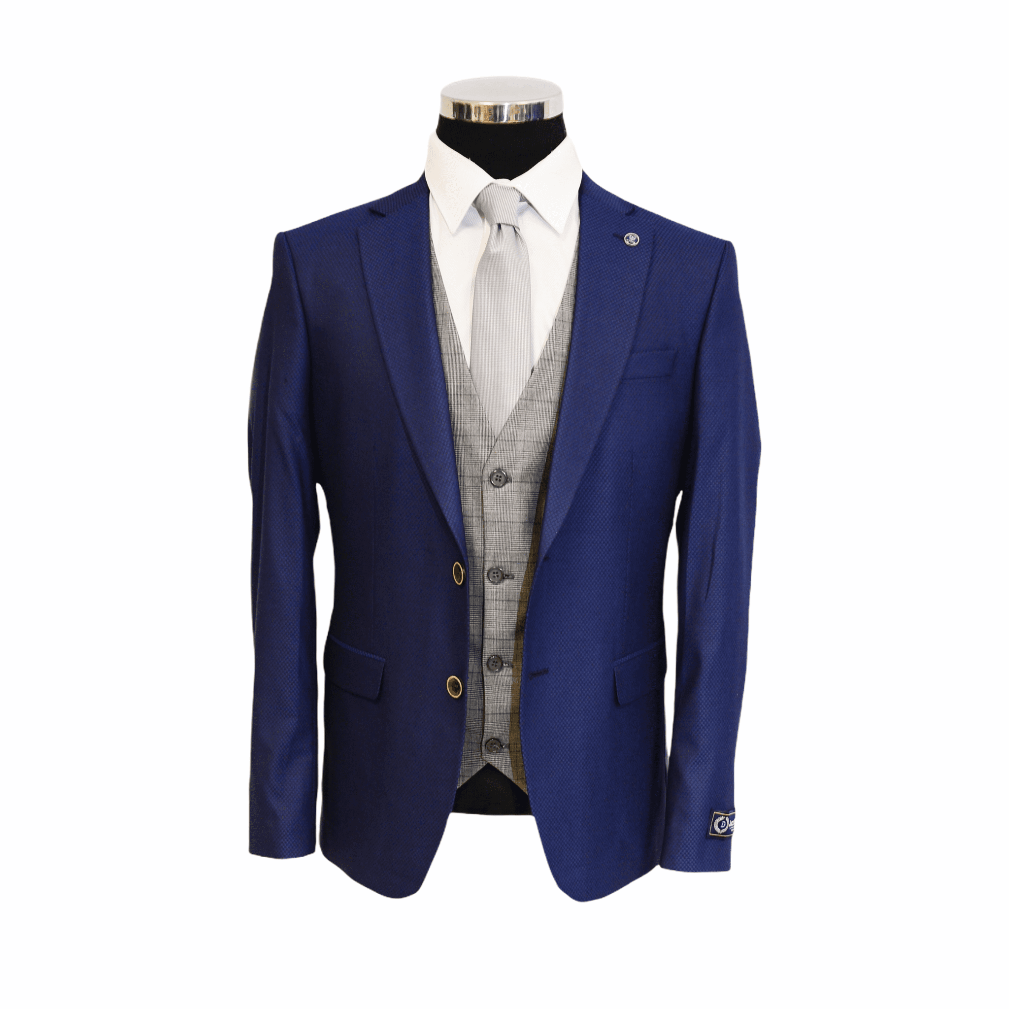 Navy Three Piece Print Suit With Brown Buttons With Contrasting Light Grey Check Waistcoat