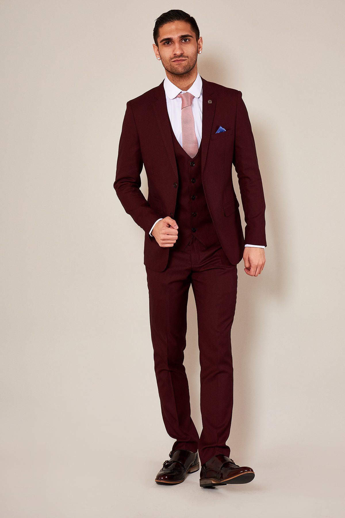 Danny Wine Three Piece Suit With Single Breasted Waistcoat
