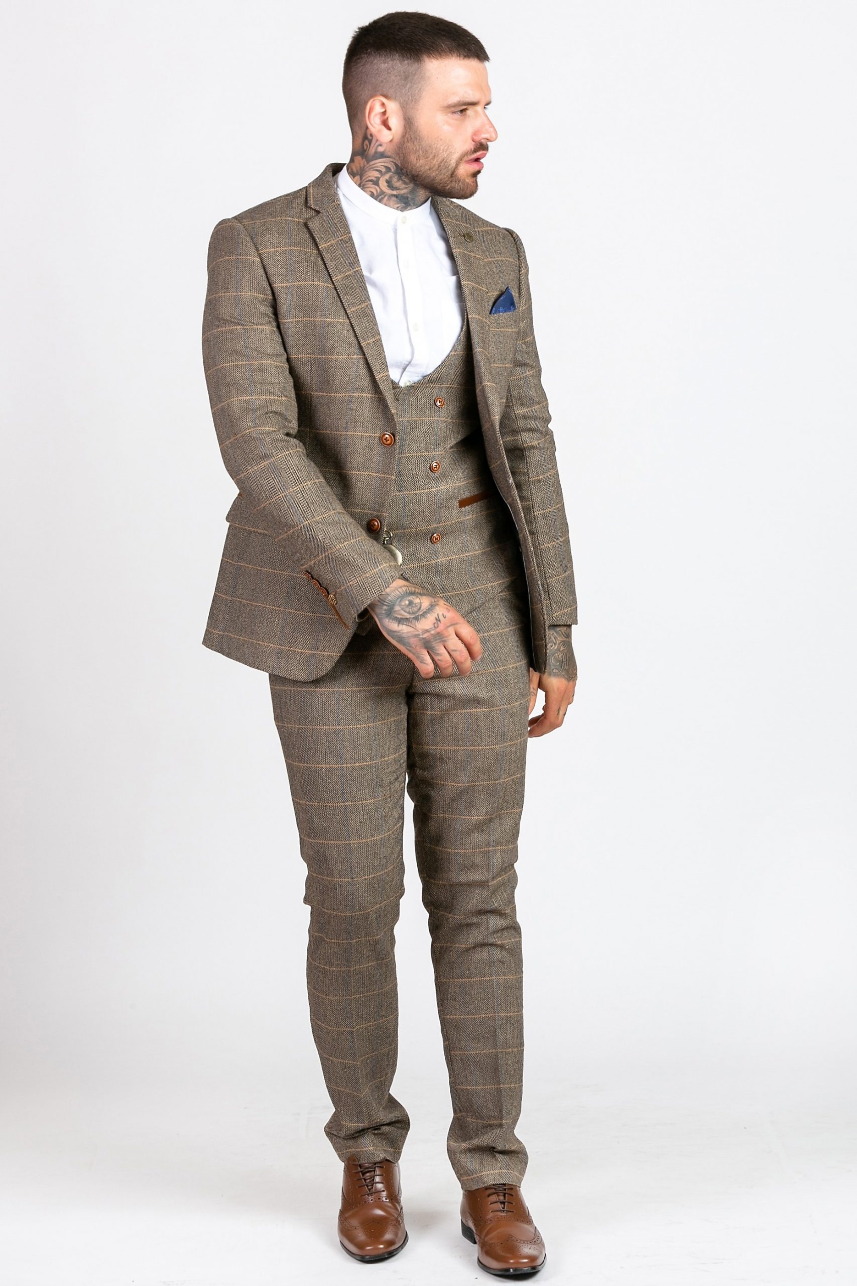 Ted Tan Tweed Check Three Piece Suit with Double Breasted Waistcoat