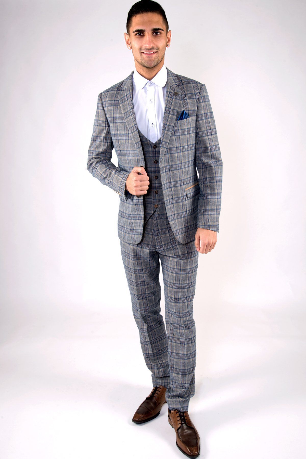 Enzo Blue Stone Tweed Check Three Piece Suit