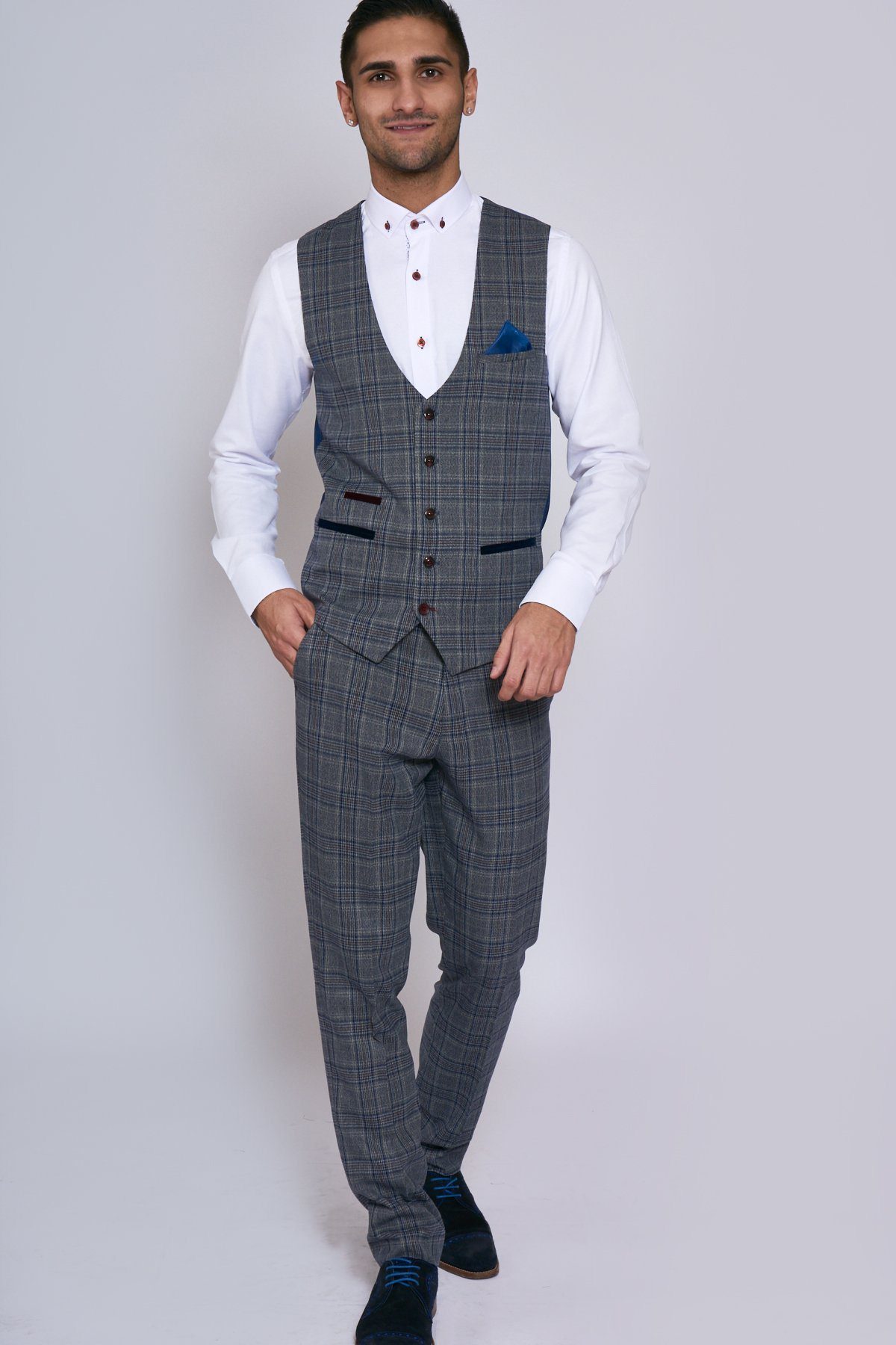Enzo Grey Blue Tweed Check Three Piece Suit