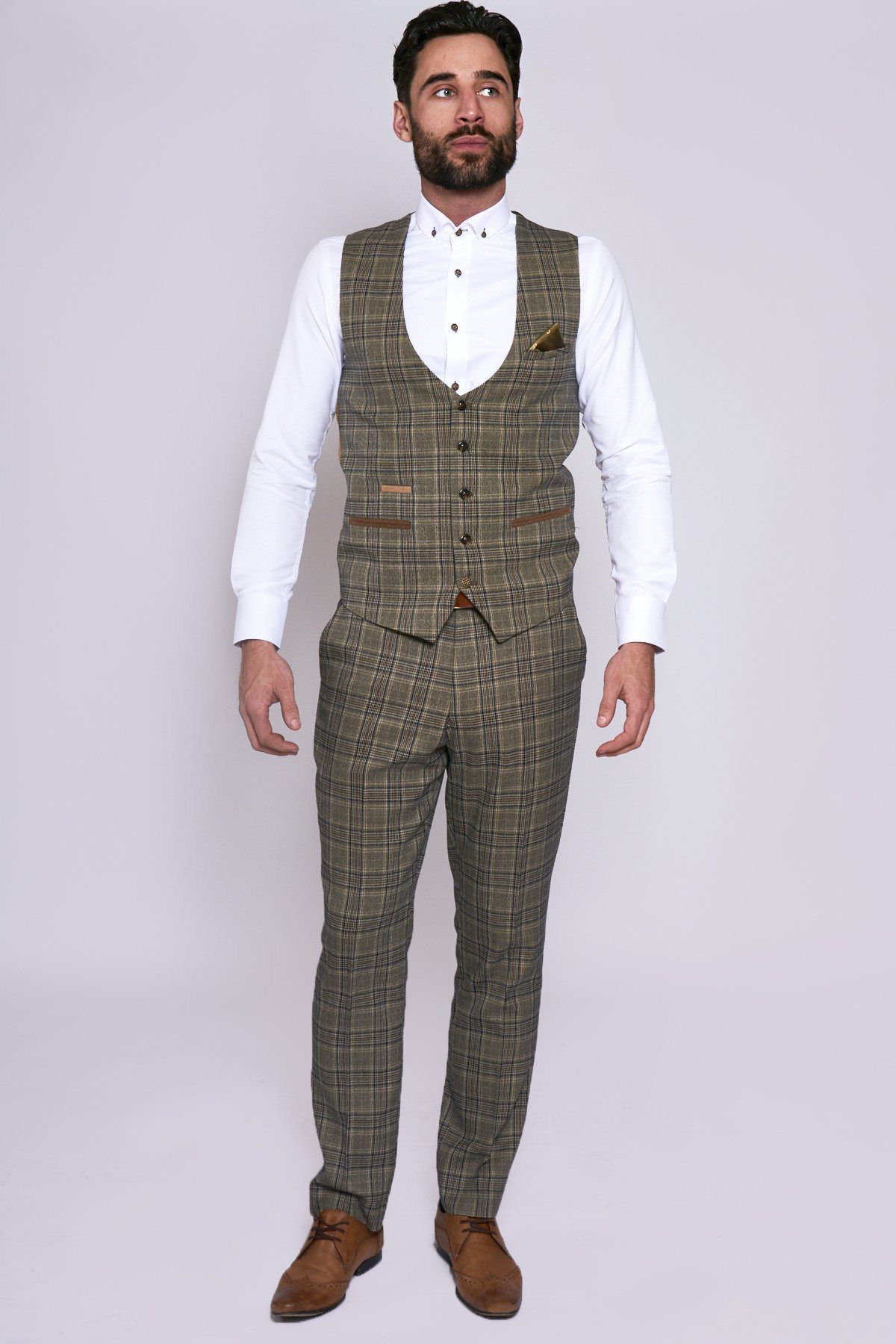 Enzo Tan Tweed Check Three Piece Suit