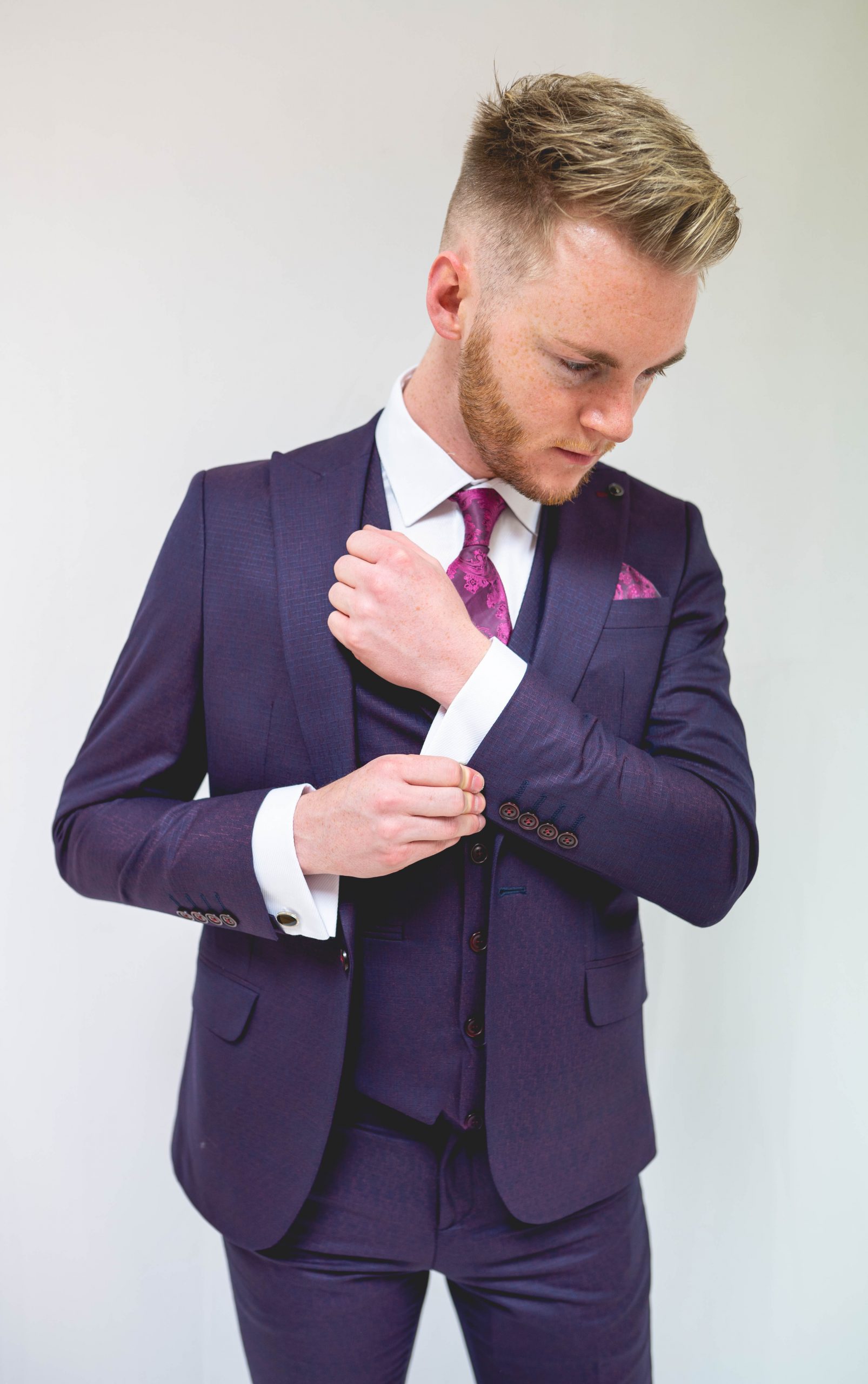 Purple Three Piece Suit With Single Breasted Waistcoat