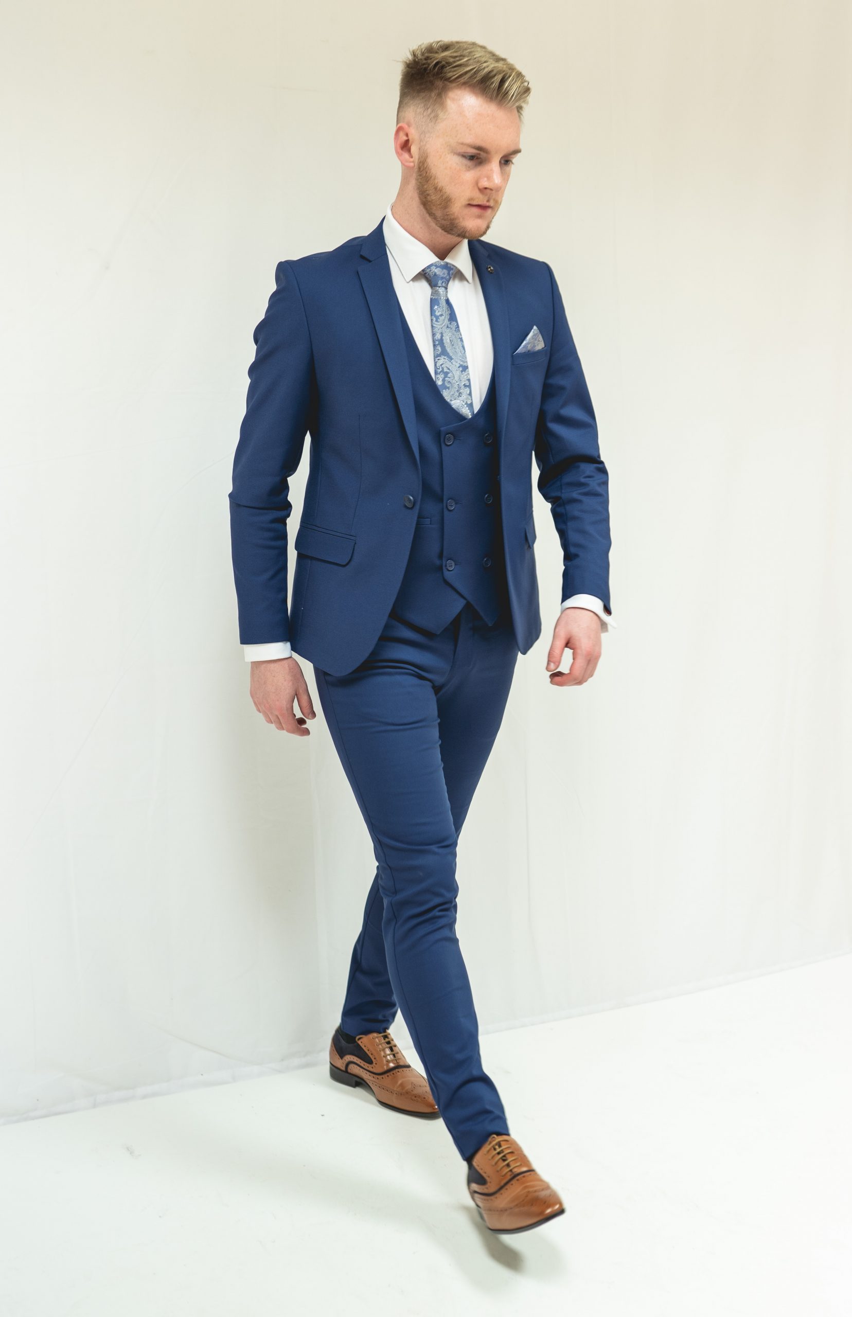 Royal Blue Three Piece Suit With Double Breasted Waistcoat