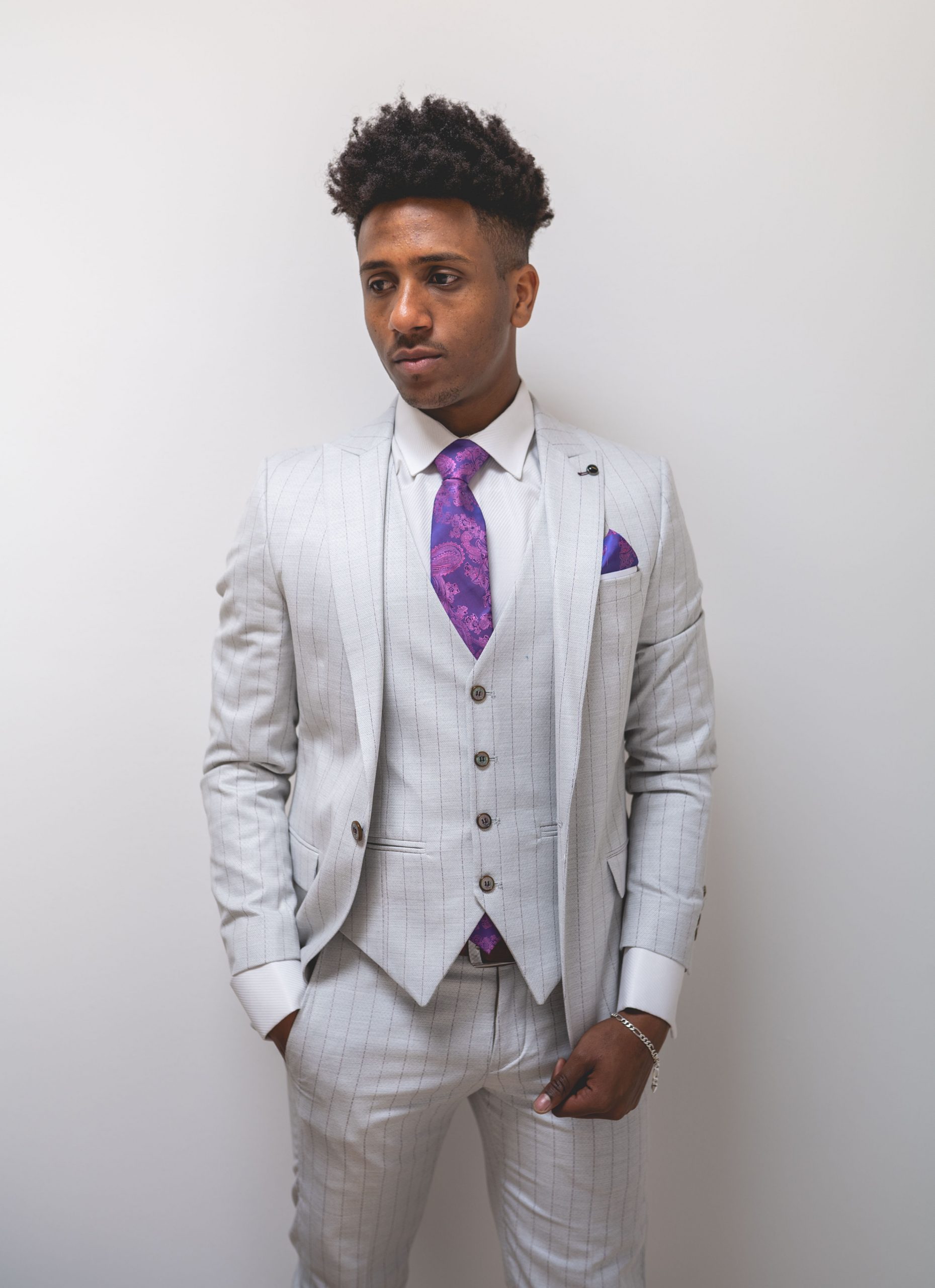 Light Grey Pinstripe Three Piece Suit with Single Breasted Waistcoat