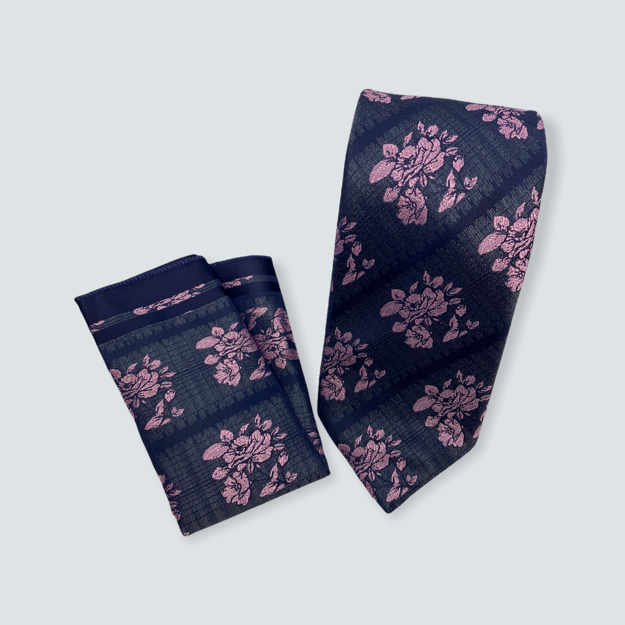 Navy And Lilac Floral Tie With Pocket Square