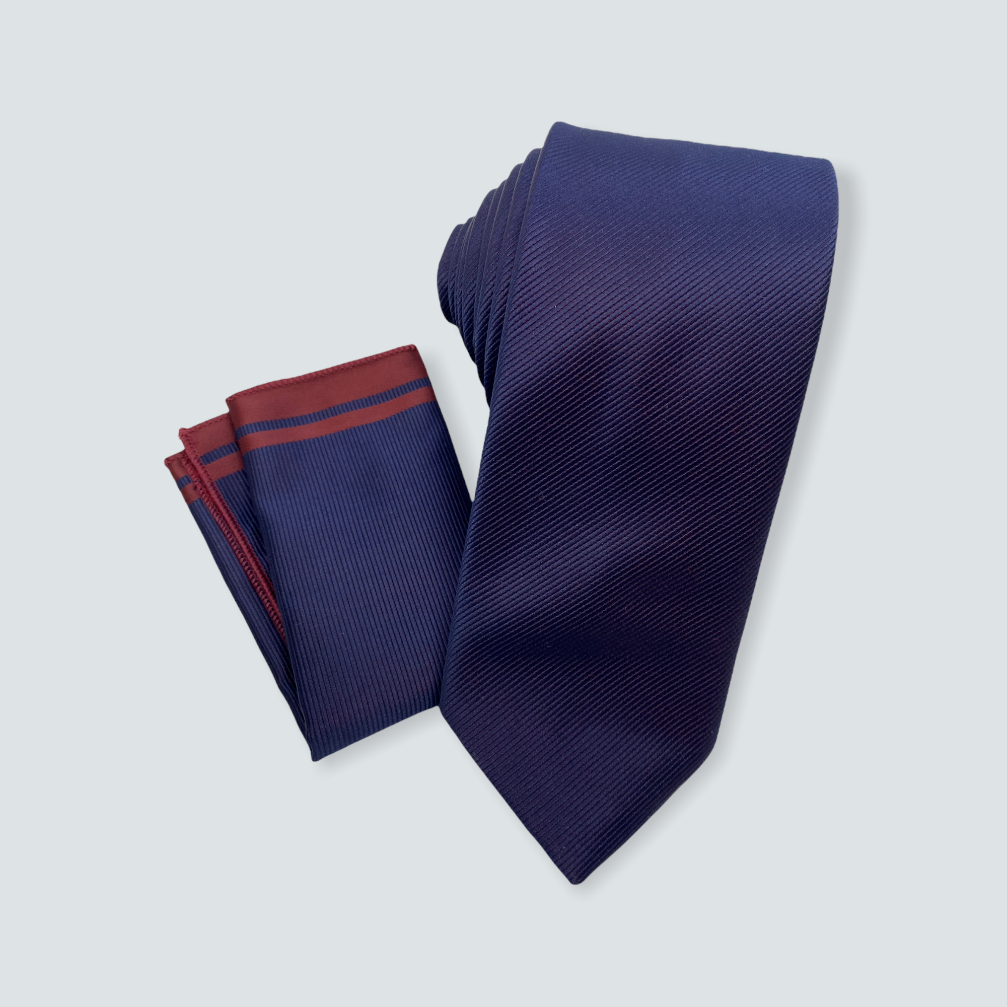 Navy Fine Ribbed Tie With Pocket Square