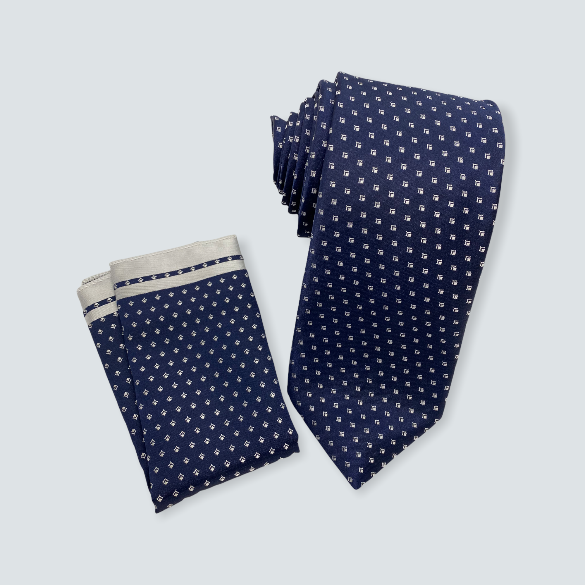 Navy Print Tie With Pocket Square