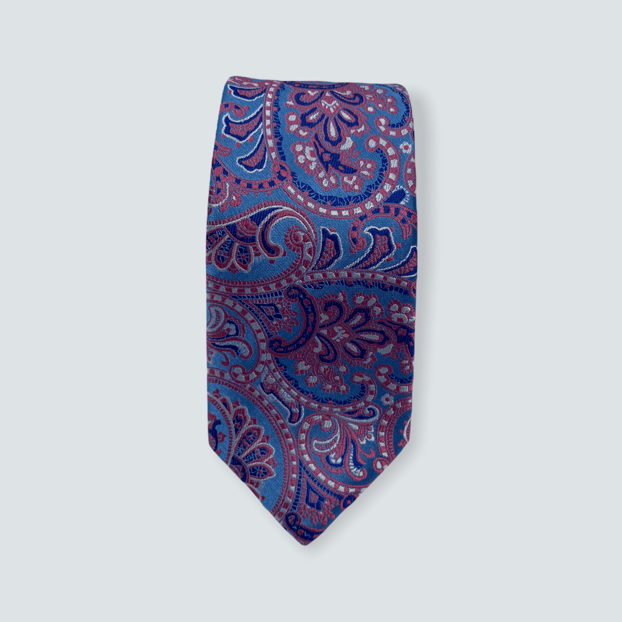 Pink Sky Blue Paisley Tie With Pocket Square