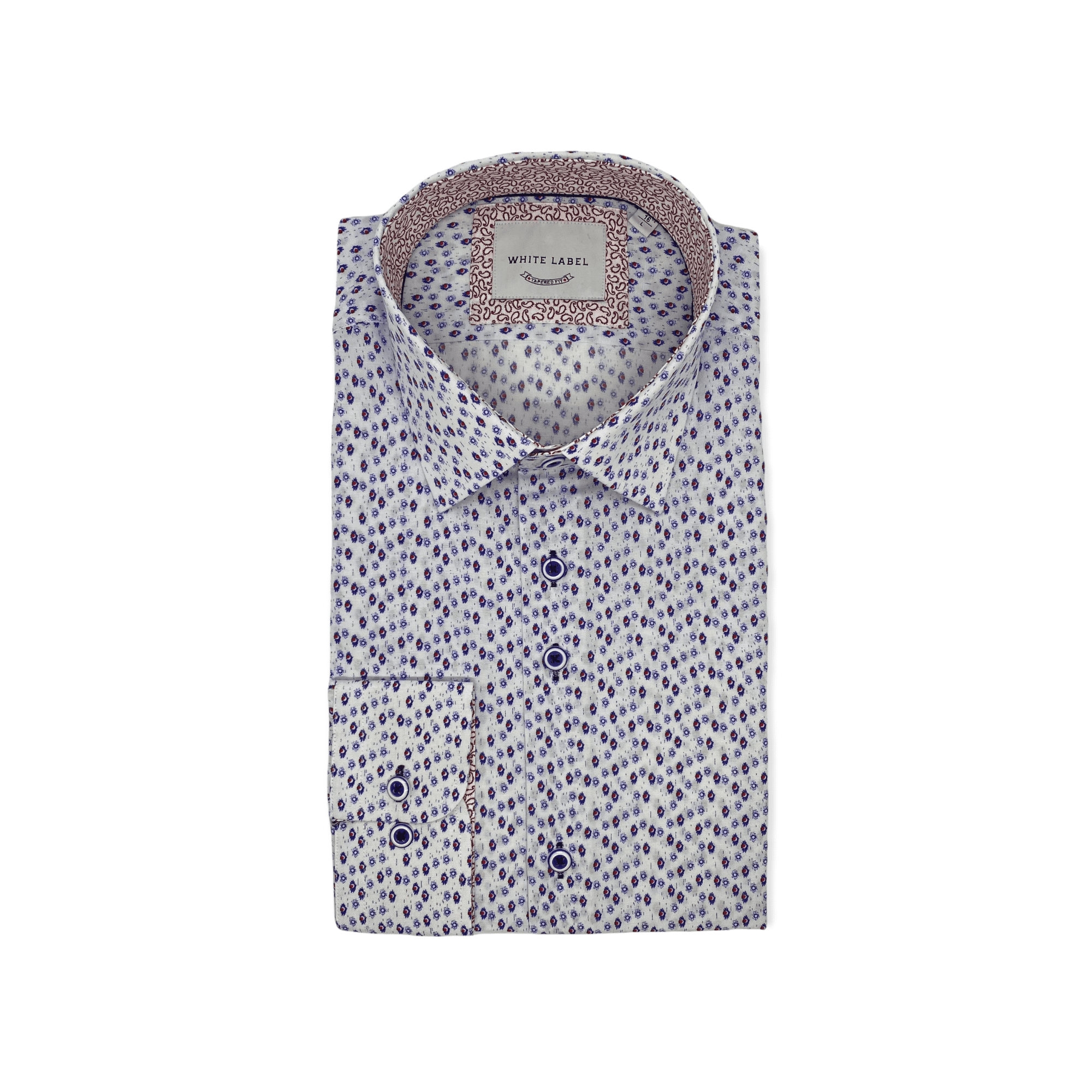 White Shirt With Navy Red Print