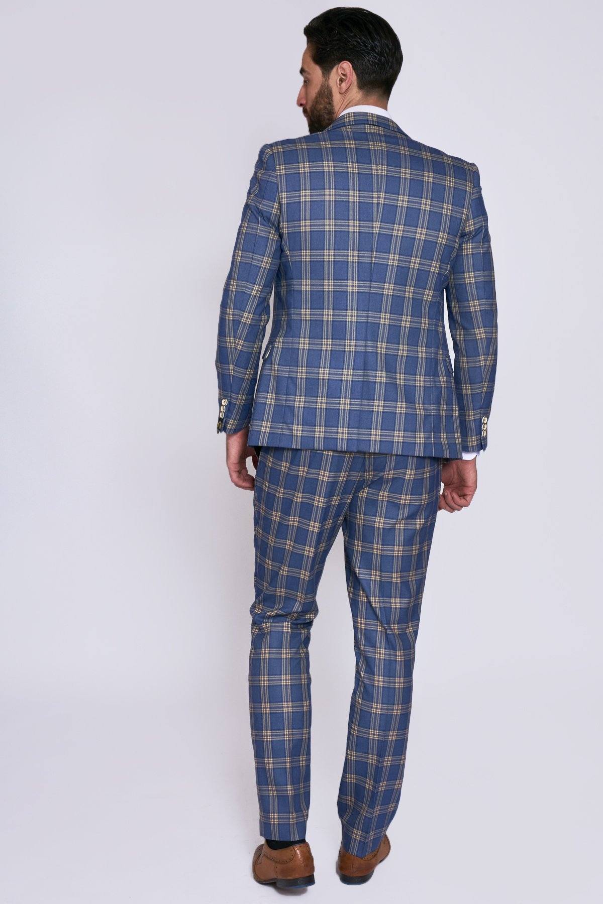Tony Blue Yellow Check Suit With Single Breasted Waistcoat