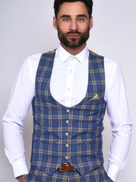 Tony Blue Yellow Check Suit With Single Breasted Waistcoat