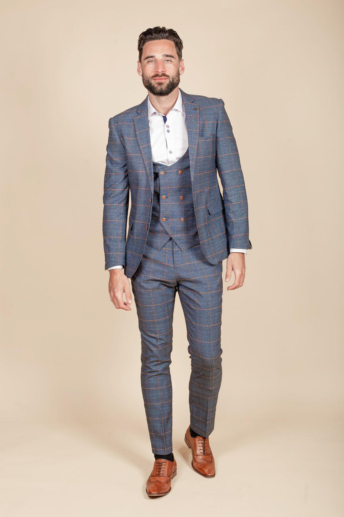 Jenson Sky Blue Check Suit with Double Breasted Waistcoat