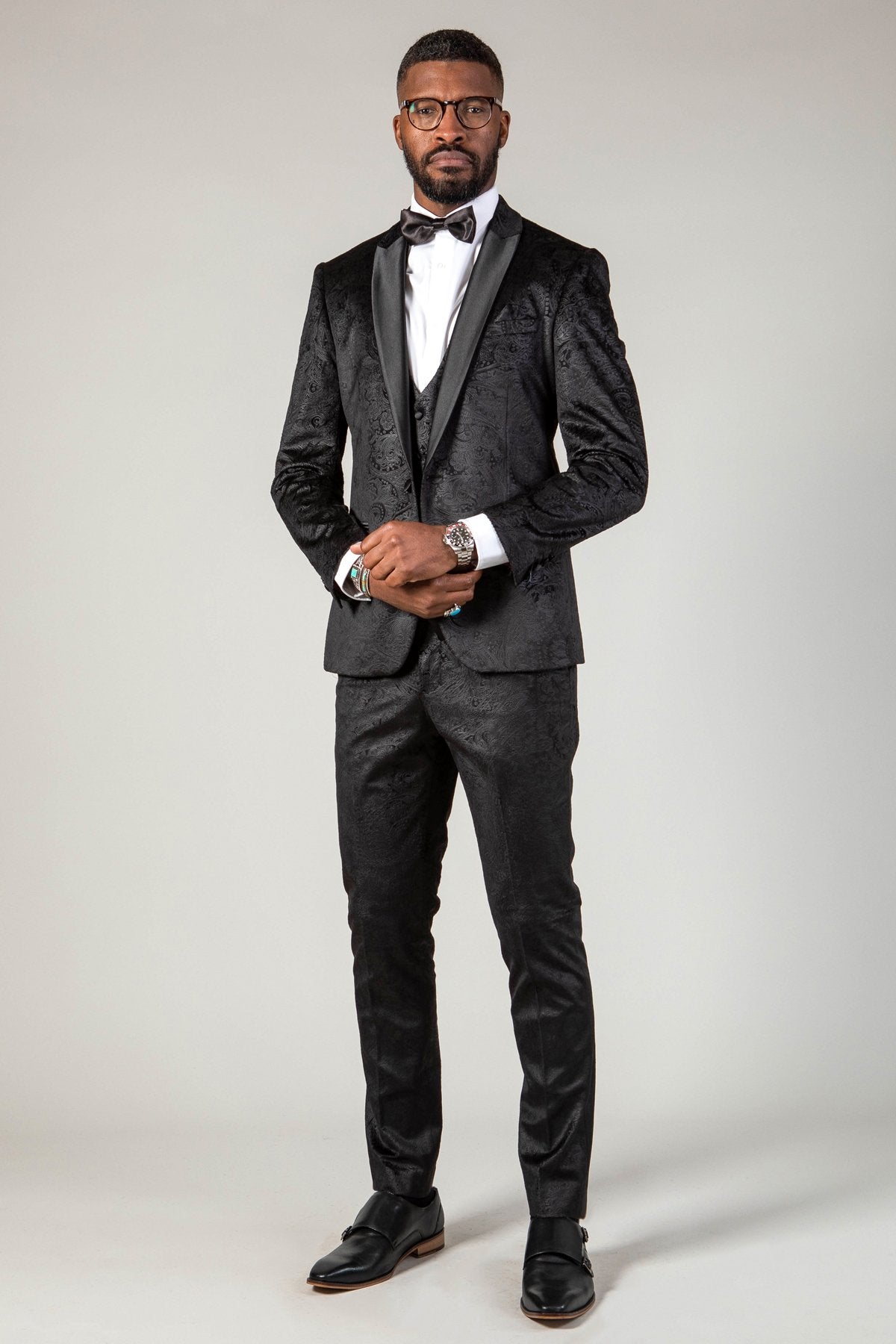 Simon Black Velvet Jacquard Three Piece Suit