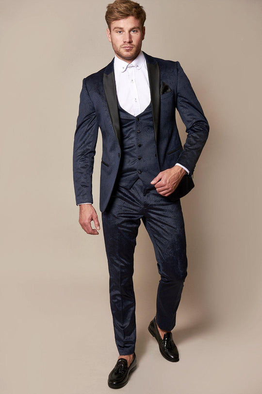 Simon Navy Velvet Jacquard Three Piece Suit