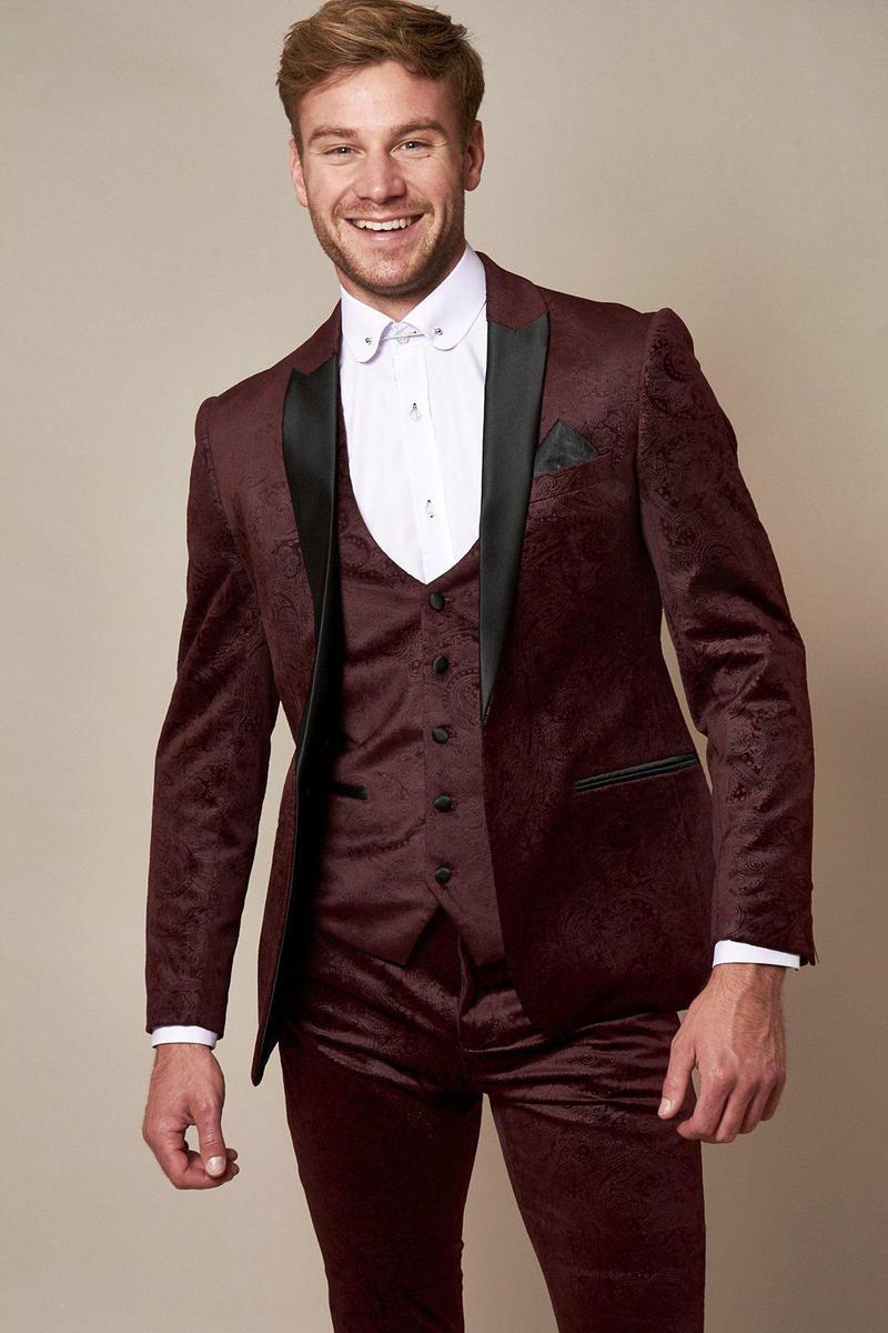 Simon Wine Velvet Jacquard Three Piece Suit
