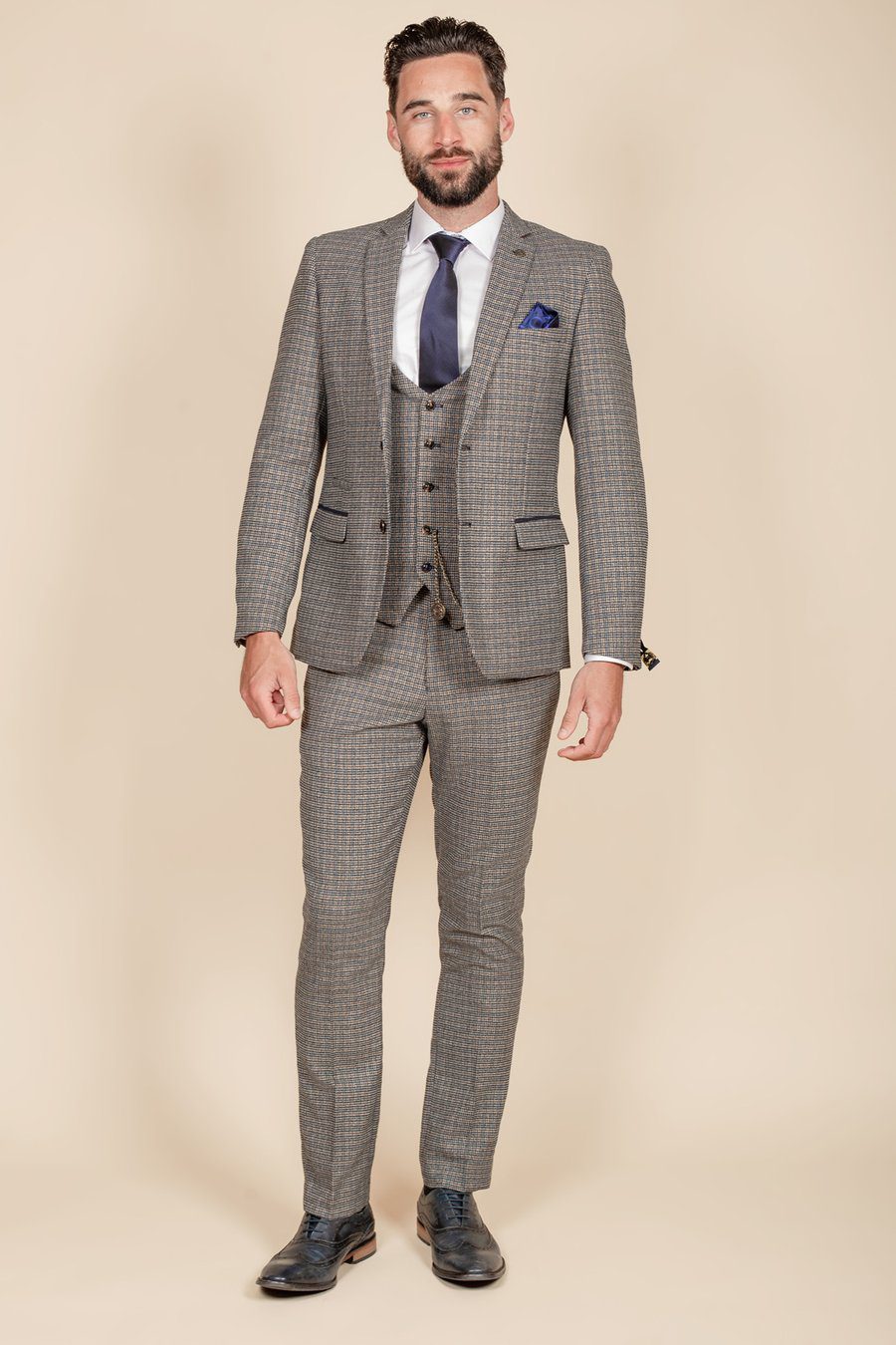 Hardwick Navy Tan Check Three Piece Suit | Suits Distributors