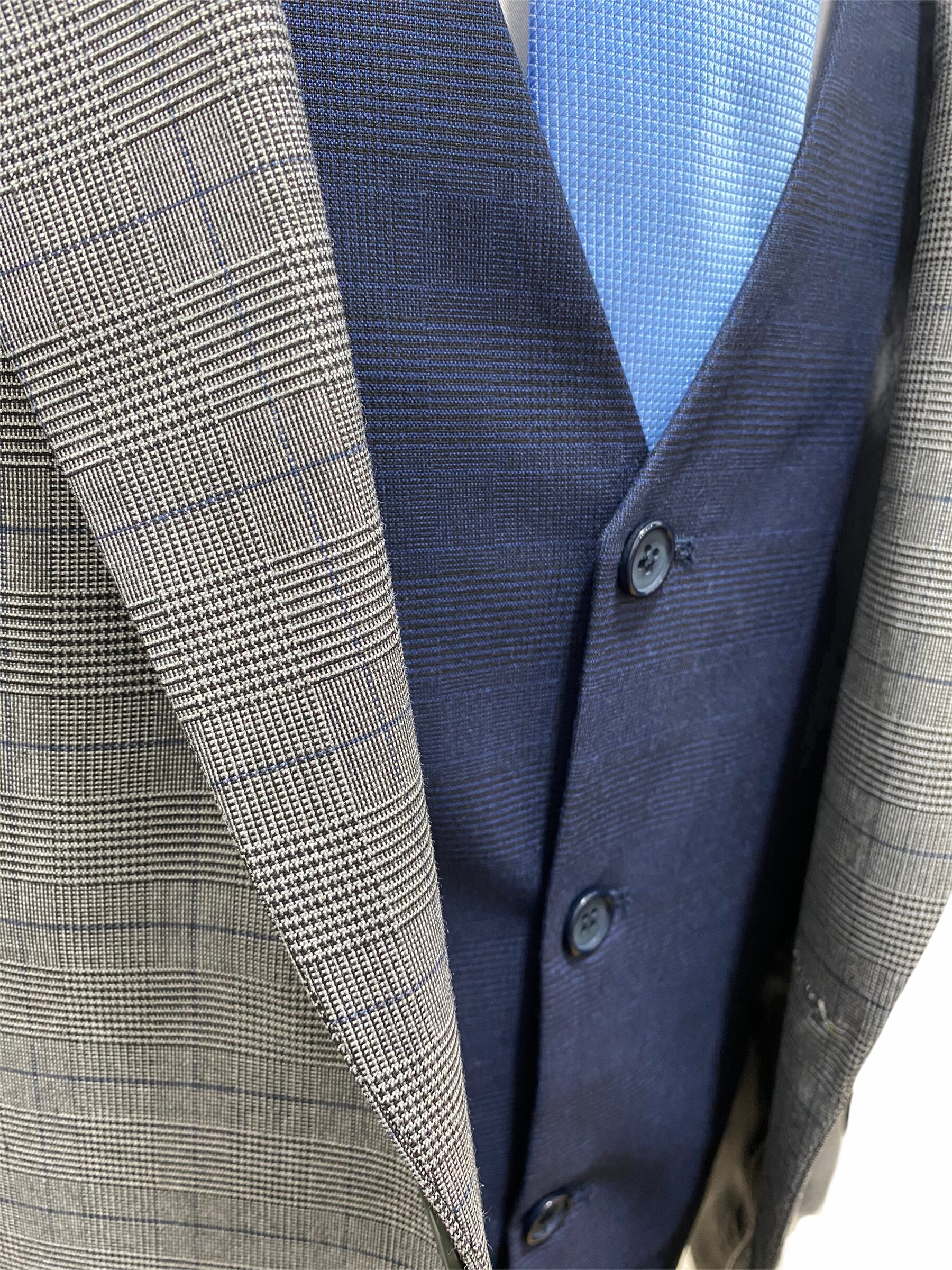 Light Grey Subtle Check Three Piece Suit With Contrasting Navy ...