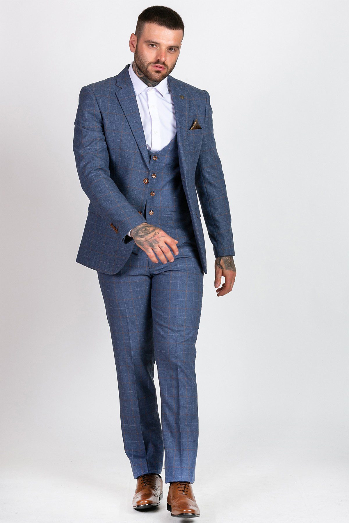 Matthew Sky Blue Tweed Check Three Piece Suit | Suits Distributors