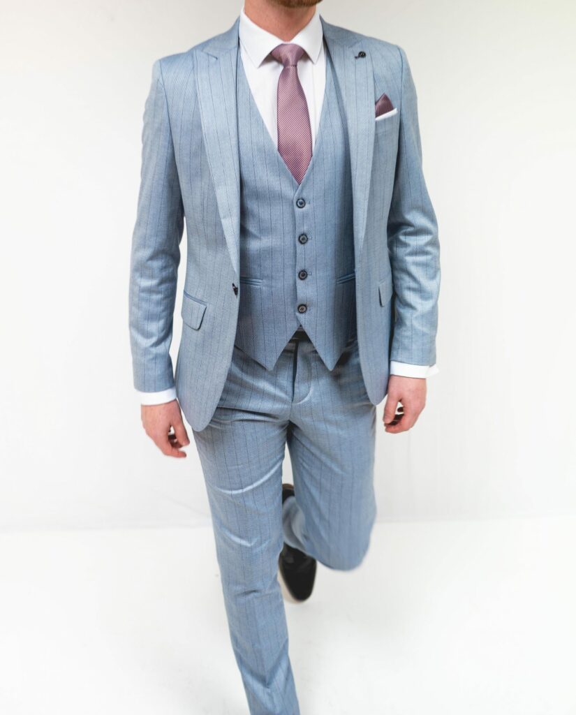 Sky Blue Pinstripe Three Piece Suit, Wedding Suits